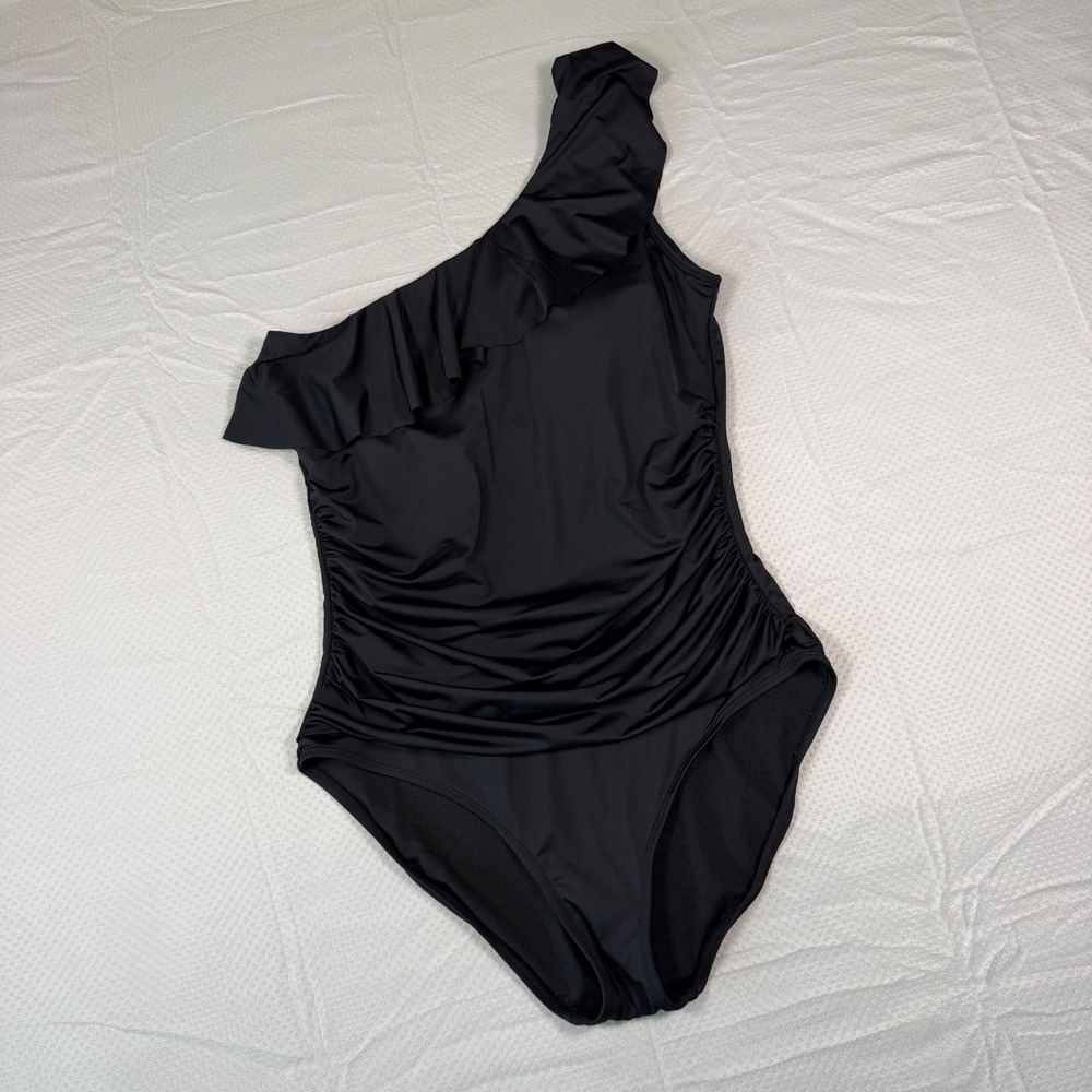 Hilor Women Black One Shoulder Ruffle One Piece Swimsuit Ruched Tummy Control